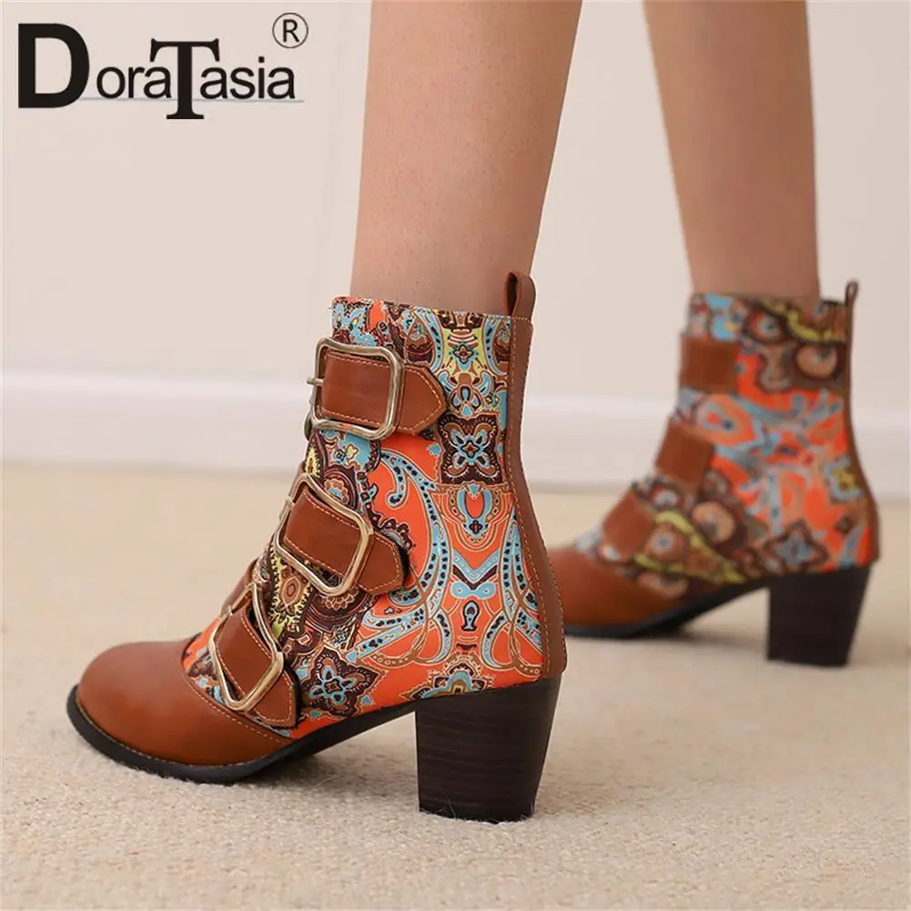

Plus Size 48 Brand New Female Zip Buckle Ankle Boots Fashion Print Patchwork Thick High Heels women's Boots Party Shoes Woman