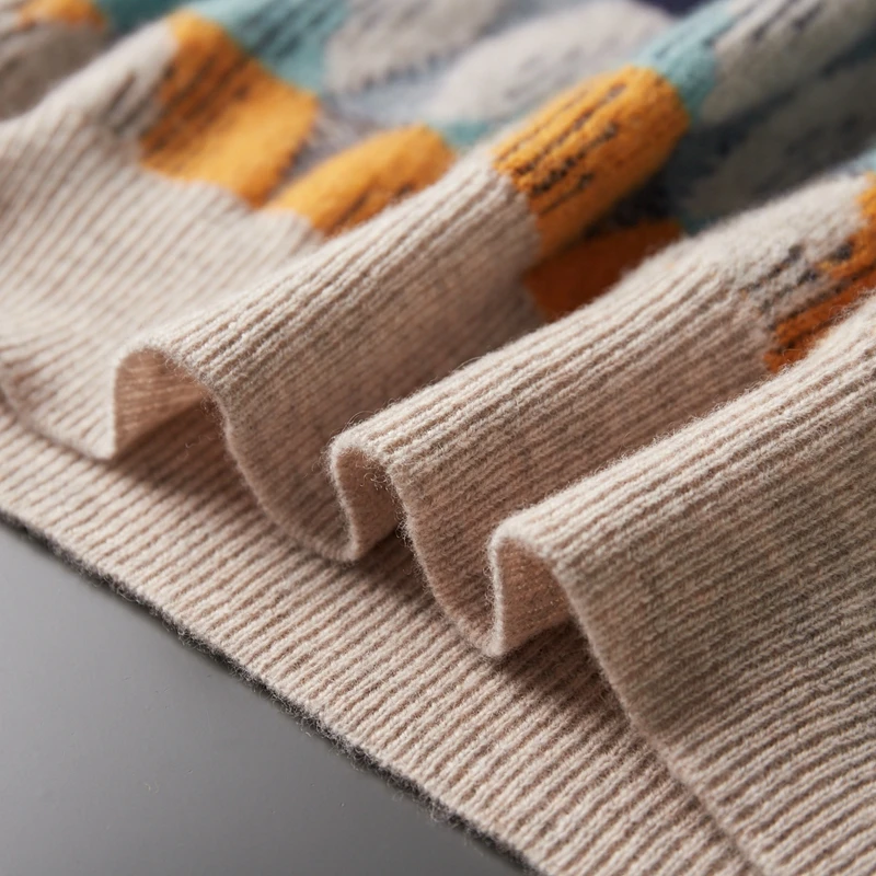 Autumn/Winter 100% Merino Wool Knitted Jacquard Vintage Cashmere Sweater Men's O-Neck Pullover Casual Loose Large Thickened Top 6