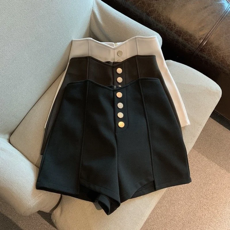 Fashion Black Button Patchwork Thin High Waist Shorts Spring Summer New Solid All-match A-line Shorts Casual Trend Women Clothes
