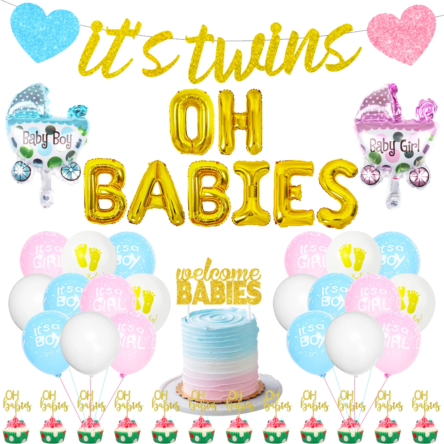 

Oh Babies Twins Baby Shower Decorations Set Glitter It's Twins Banner Pink Blue Balloons for Boy Girl Baby Shower Party Supplies