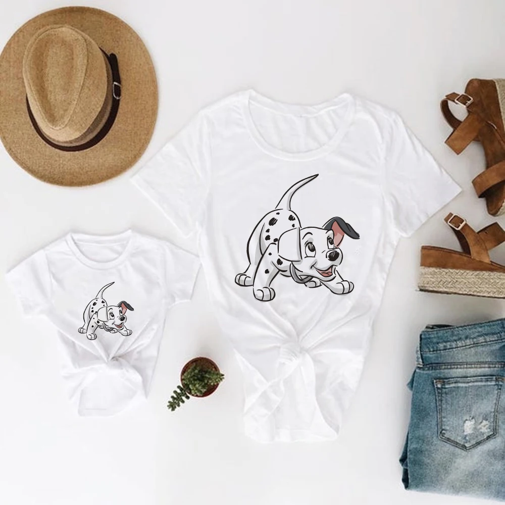 T Shirts White All-Match Family Look Outfits Disney Parent Child Print 101Dalmatians Modern Leisure New Products Tshirts Basic mother and teenage daughter matching outfits