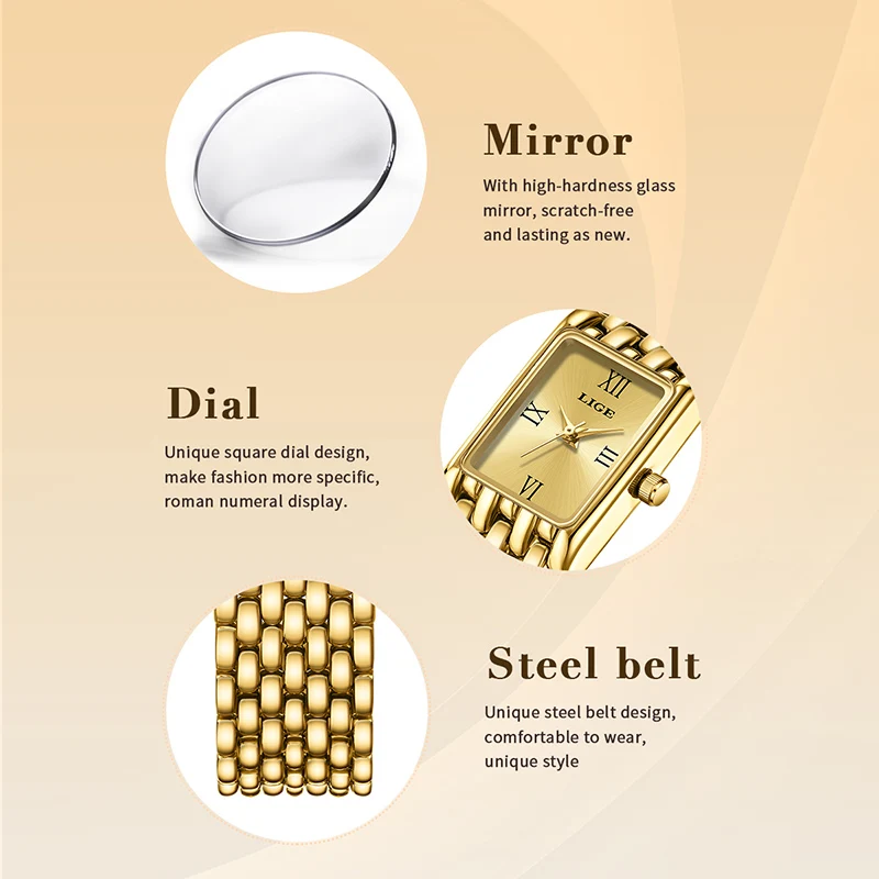 2025 LIGE New Watches Women Fashion Casual Luxury Gifts Womens Waterproof Square Dial Steel Belt Quartz Wrist Watch reloj mujer 5