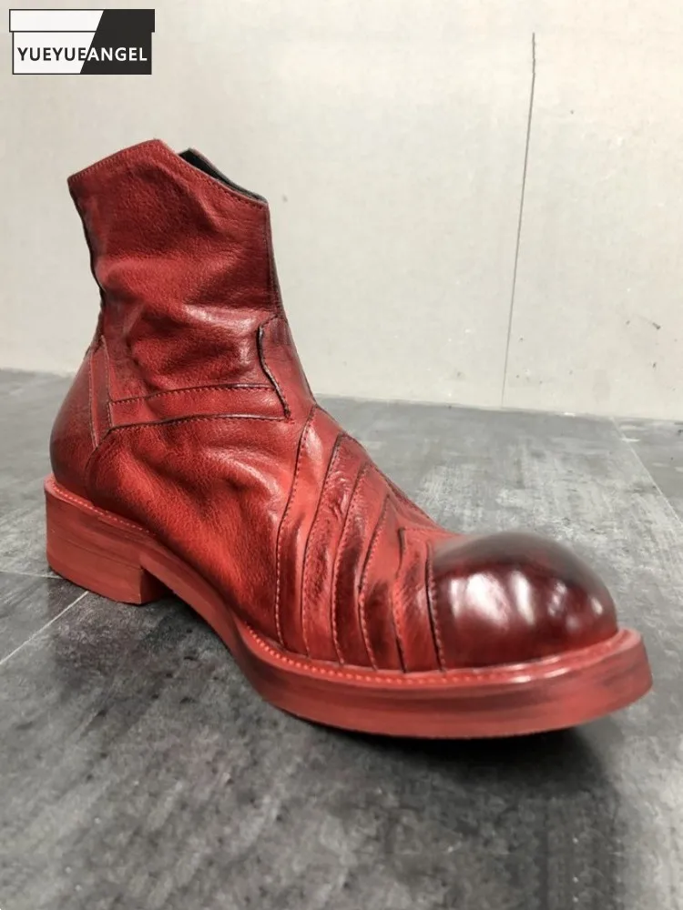 

Cowhide Genuine Leather Boots Men Vintage Motorcycle Short Boots Back Zipper Punk Men High Top Shoes Handmade Customized 15 Days