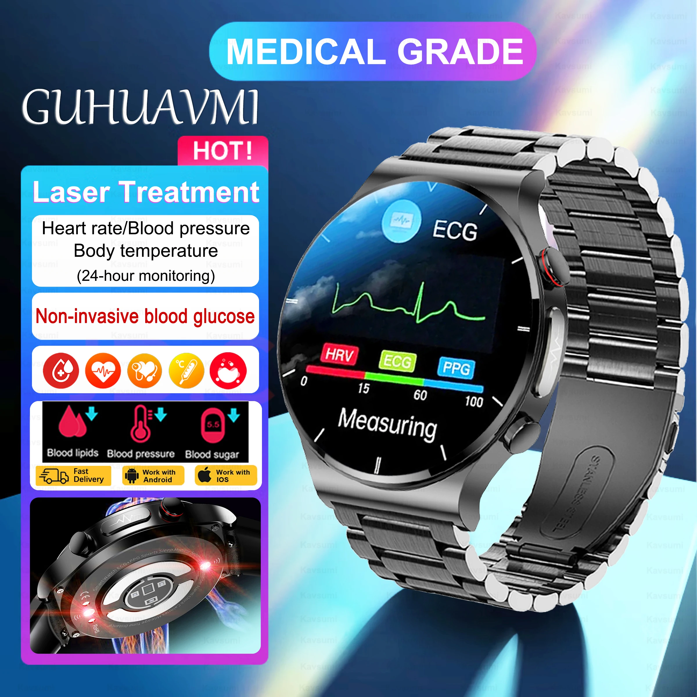 2023 New Laser Therapy Smart Watch Men Blood Pressure Heart Rate ECG