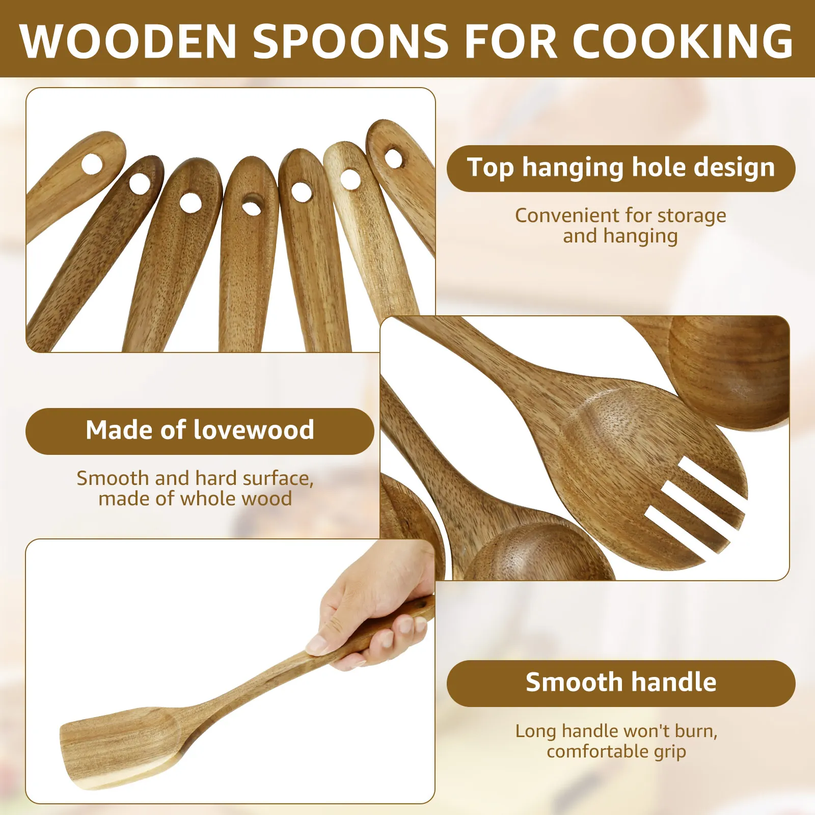 7Pcs Wood Kitchenware Non-Stick Cookware Kitchen Utensils Set Spatula Shovel Egg Beater Wooden Handle Cooking Tool Heat Resistan