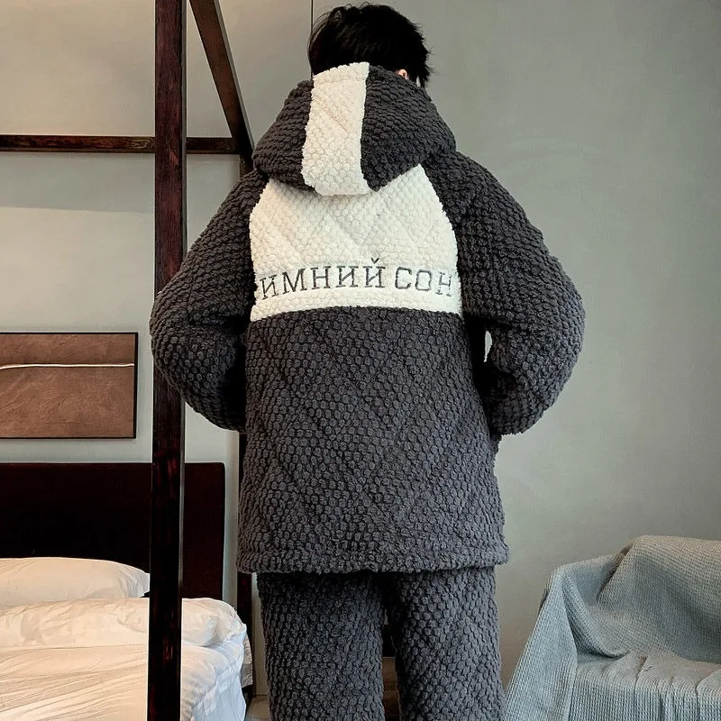 Pajamas Men\'s Winter Three-layer Thickened Male Pijamas Coral Velvet Padded Warm Flannel Loungewear Set Boys Autumn Sleepwear