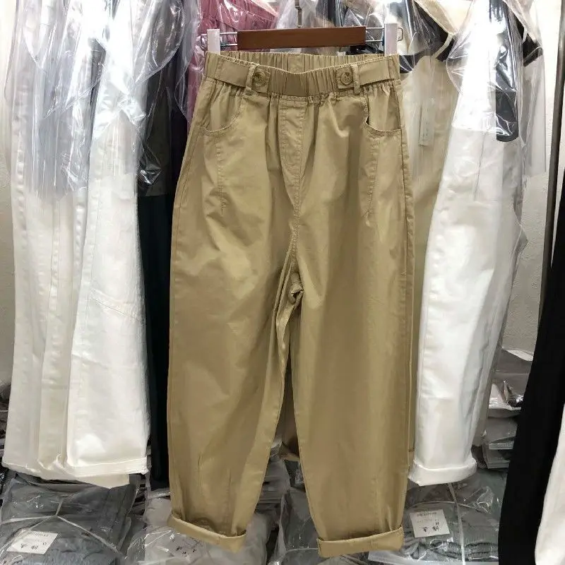 2023 Spring Autumn New Solid Color Elastic Waist Haren Pants Women Korean Style Button Pockets All-match Ankle Length Trousers