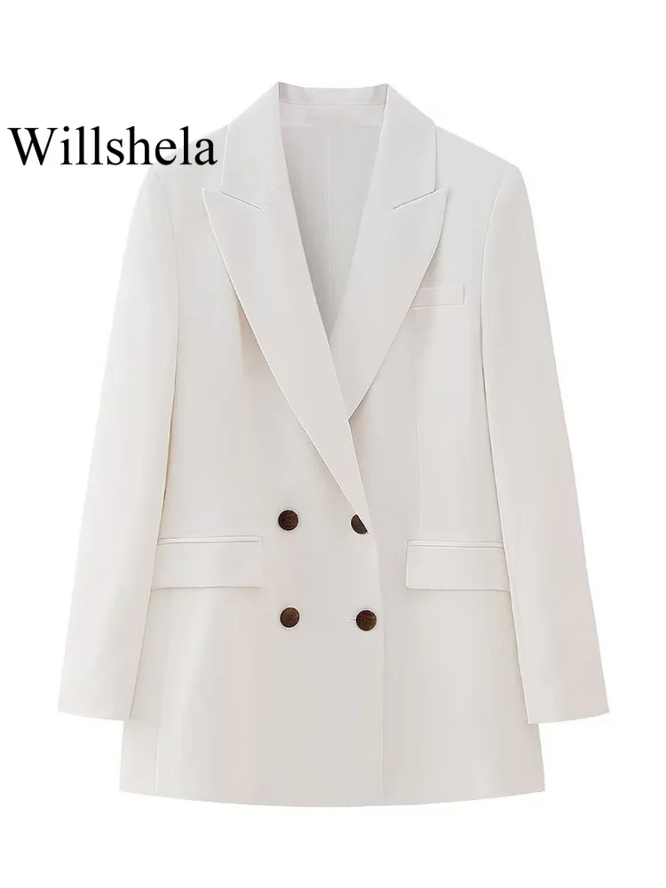 

Willshela Women Fashion With Pockets White Double Breasted Blazer Vintage Notched Neck Long Sleeves Female Chic Lady Outfits