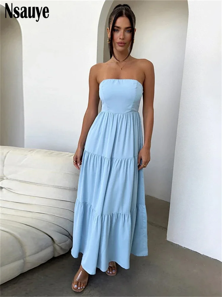 

Nsauye Fashion Sexy Solid Strapless Sleeveless Dress For Women 2024 Summer Beach Backless Long Dress Party Club Casual Vestidos