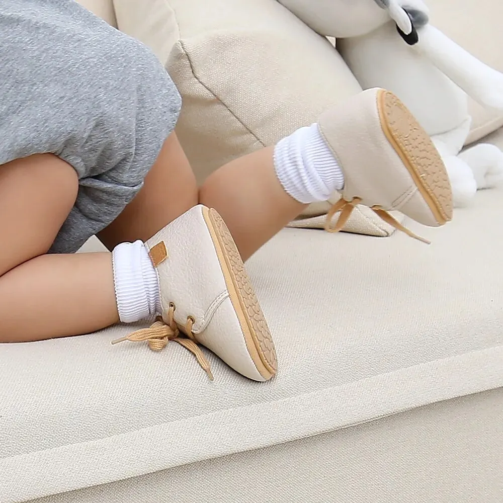 Baby shoes Meckior Baby Shoes Retro PU Leather Boy Girl Toddler Rubber Sole Anti-slip First Walkers Unisex Newborn Moccasins