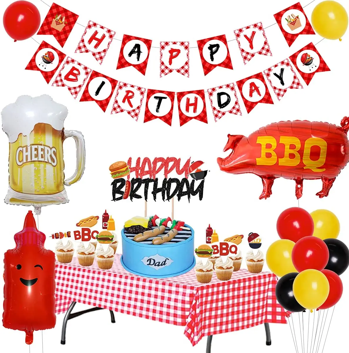 

BBQ Birthday Party Decorations Barbecue Themed Happy Birthday Banner Tablecloth Pig Sauce Balloons for Picnic Party Supplies