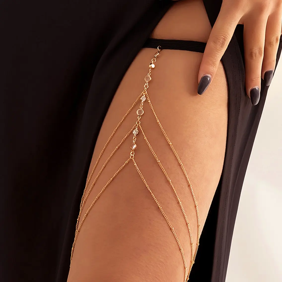 Boho Elastic Band Crystal Leg Thigh Chain for Women Summer