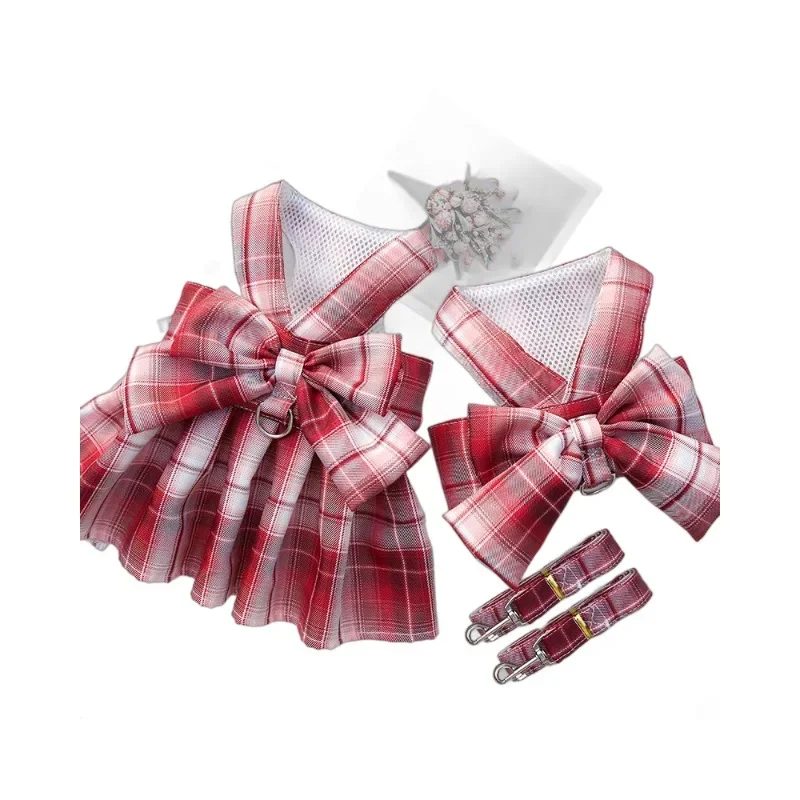 Pet JK Plaid Skirt Chest Strap Traction Rope Walking Dog Cat Vest Clothes Dog Dress Clothes Skirts Ropa De Perrita 강아지 옷