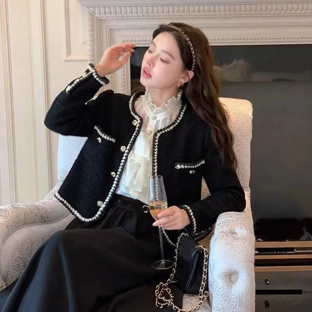 Classic Y2k Elegant Jacket Women Tweed Korean Vintage Coats Outerwear Chic Socialite Style Jacket Streetwear