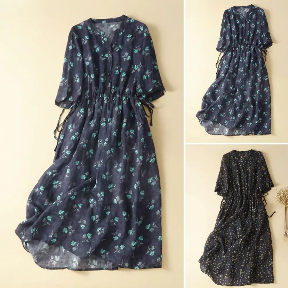 

Classic Linen Dress V Neck A-Line Mid-calf Length Summer Casual Loose Linen Sundress