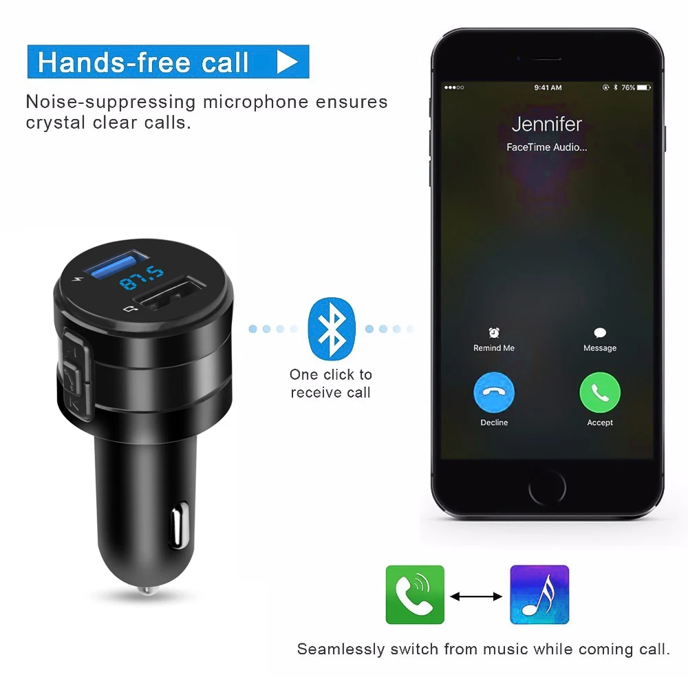 Auto nabíječka FM rádiový vysílač Bluetooth 4.2 auto MP3 hráč 3.1A dvojí USB porty handsfree modulatorkit cigareta světlejší adaptér RU