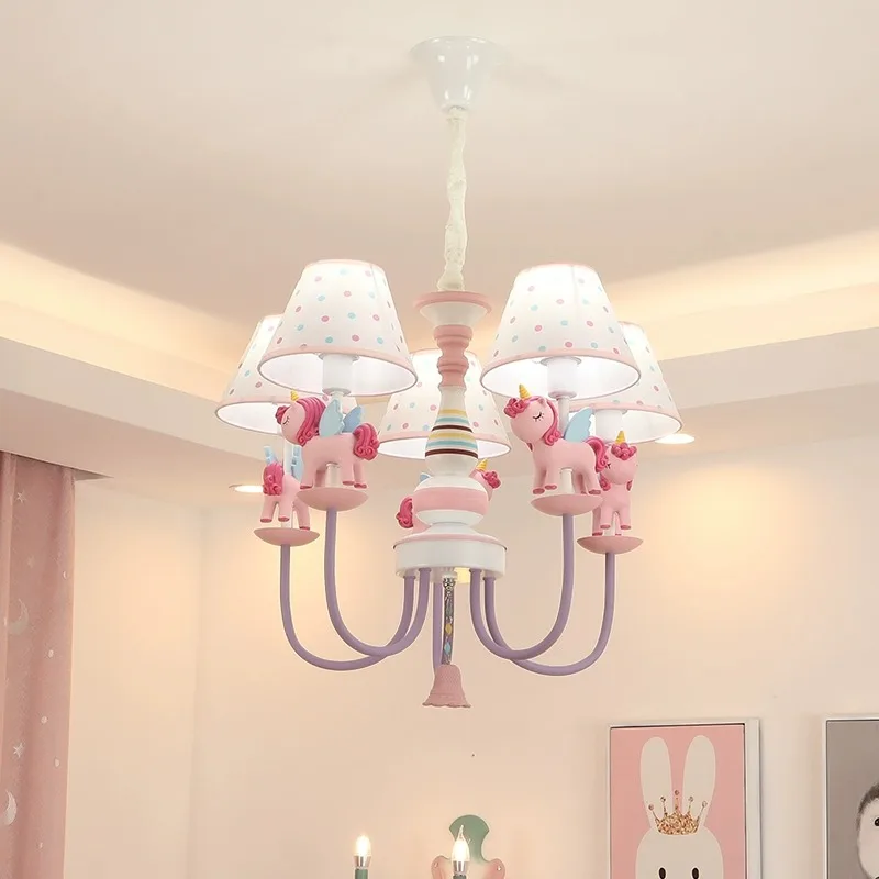 

AiPaiTe modern iron fabric lampshade LED chandelier for living room bedroom children's room pink/blue pegasus chandelier