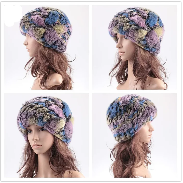 Natürliche Rex-Kaninchenfell-Strickmütze mit individuellem Blumenmuster, warme modische Pelz-Wintermütze für Damen, Herbst-Accessoire – Detail 8