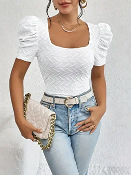 Ladies White Romantic Vintage Style Bubble Sleeve T Shirt Diamond Texture Fabric Square Collar Summer Casual Shirt 1