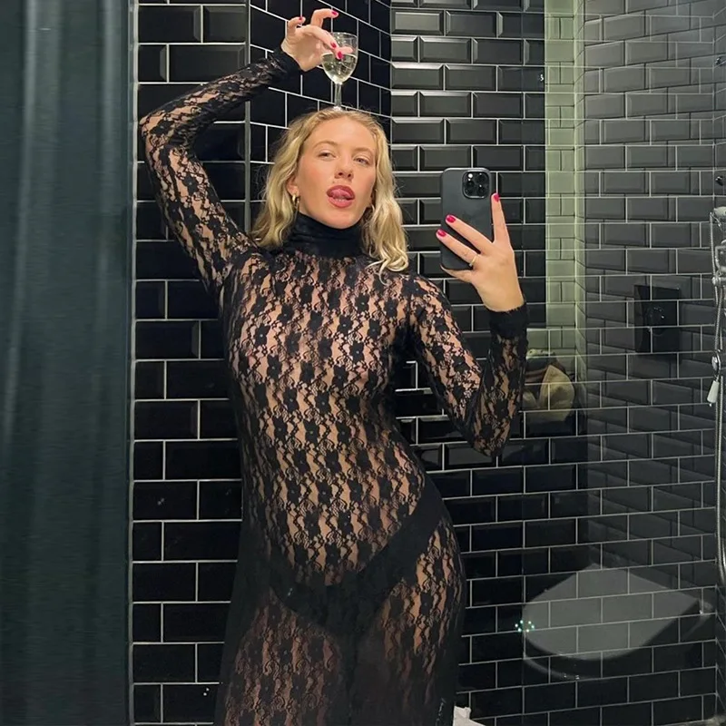 

Sexy Women's Half High Collar See-through Slim Lace Dress 2023 Autumn Winter Elegant Bodycon Long Party Dresses Black Streetwear