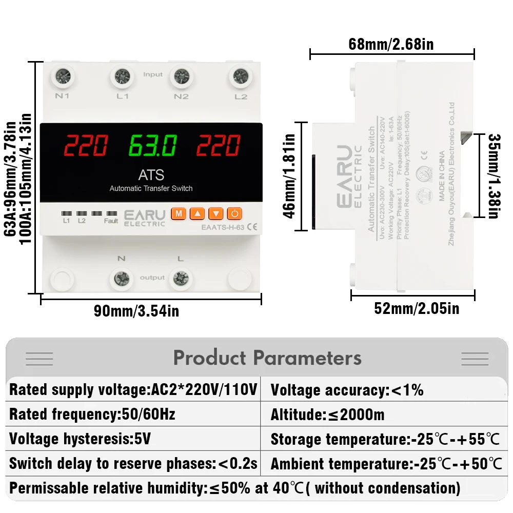 63A 100A ATS Adjustable Over Under Voltage Current Protector Dual Power Conversi
