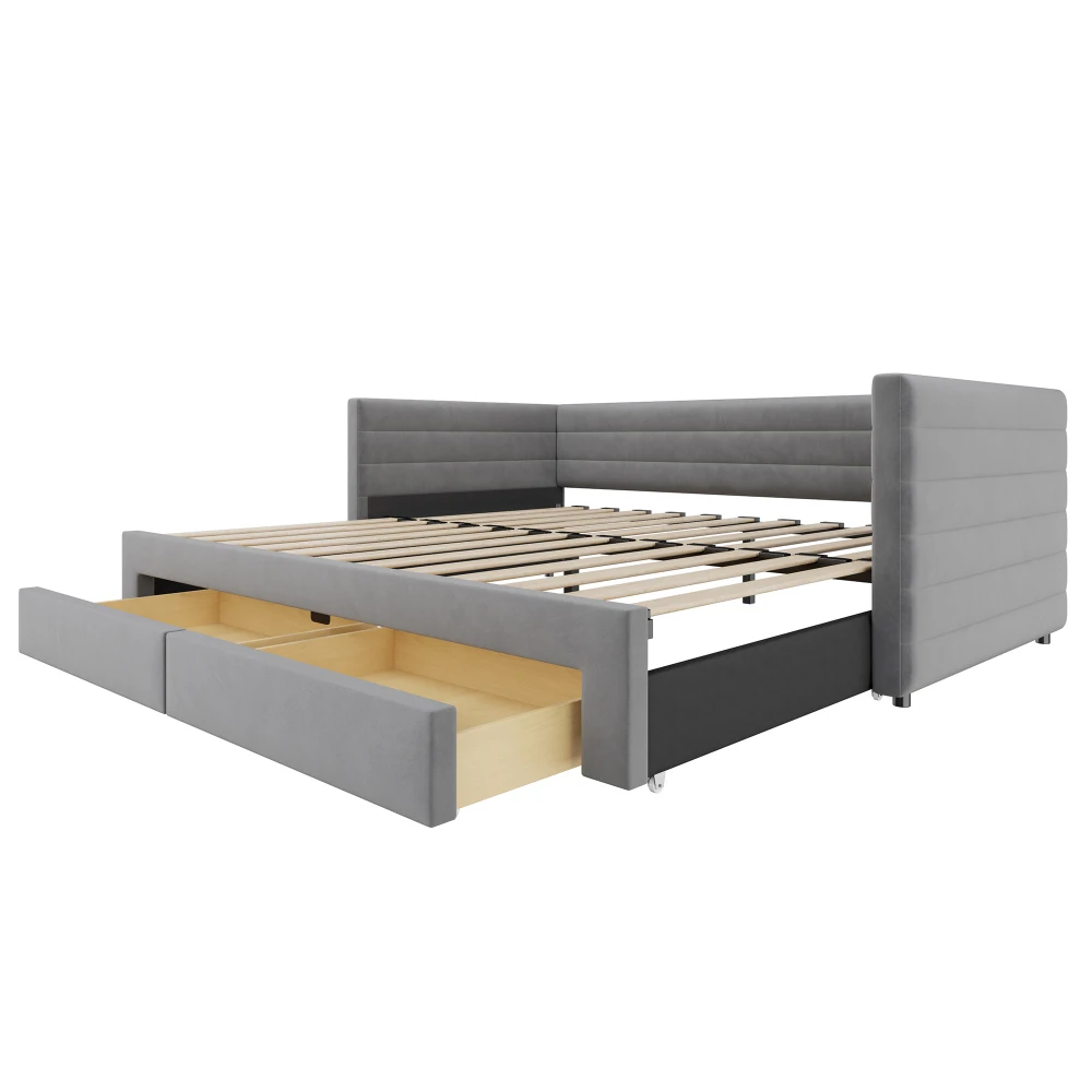 90x190cm Polsterbett, 3-in-1 Ausziehbares Schlafsofa, Multifunktionsbett, mit Schubladen und Gitter, Baumwolle und Leinen, ohne Matratze – Detail 25