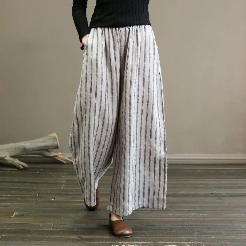 Damen hose Sommer Vintage Baumwolle und Leinen gestreifte Hose mit weitem Bein dünn drapiert lässig gerade neun Hosen Freizeit hose – Detail 4