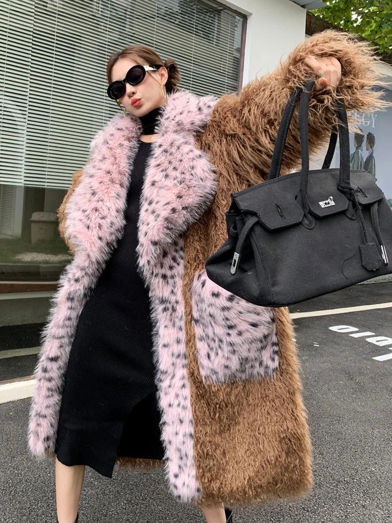 Stylish Khaki Faux Fur Coat Long Style Lapel Jacket Women's Winter Clothing Free Shipping