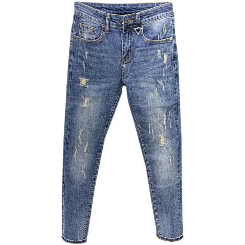 New Korean Trendy Men's Distressed Denim Casual Pencil Pants Spring and Autumn Blue Jeans Washed Luxury Cowboy Streetwear Pants