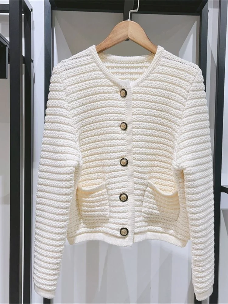 

2023Hot cardigan, new Casual Women Knit Sweater Cardigan With Pockets Early Autumn Lady Long Sleeve Elegant O-neck Retro Short
