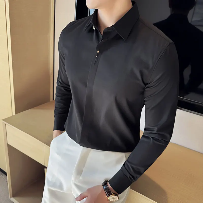 Luxury Texture Designer Shirt Long Sleeve Formal Shirts for Men Grey Slim Fit Blouses Metal Gold Camisa Masculina No Iron 2024