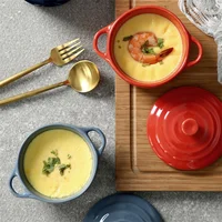 Ceramic Double Ear Bowl Mini Ceramic Glazed Baking Bowl with Lid Breskfast Steamed Egg Pudding Bowl Soup Bowls Microwave Oven 5