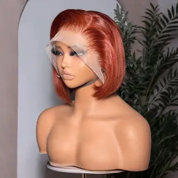 Short Bob Straight Orange Ginger Color Synthetic 13X4 HD Lace Front Wig For Black Women Prepucked With Baby Hair Glueless Wig