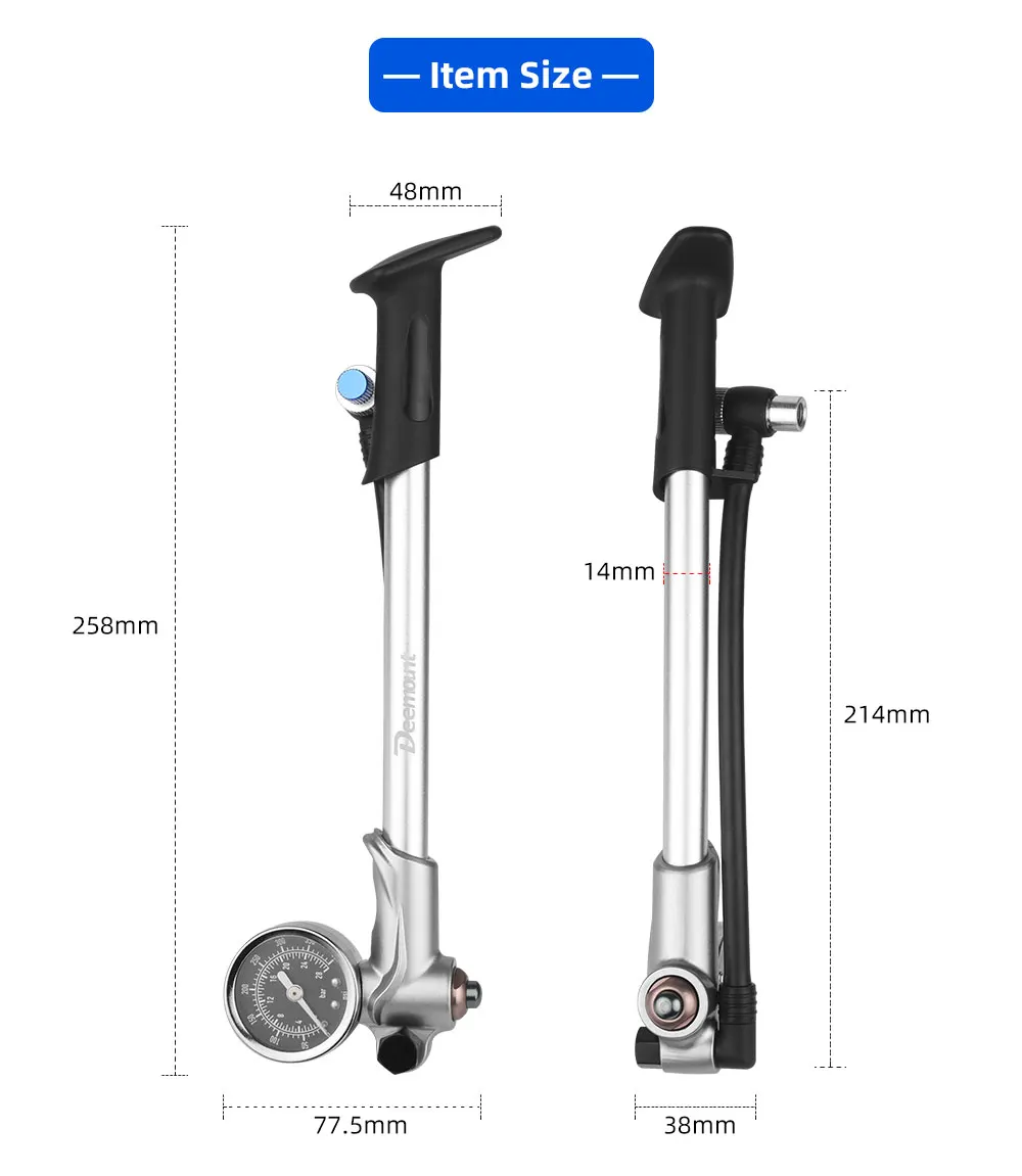 Description Picture 3 of item400psi High Pressure Air pump with Gauge for Front Fork Shock Absorber MTB Bicycle Presta Schrader Valve Inflator Rotatable Hose