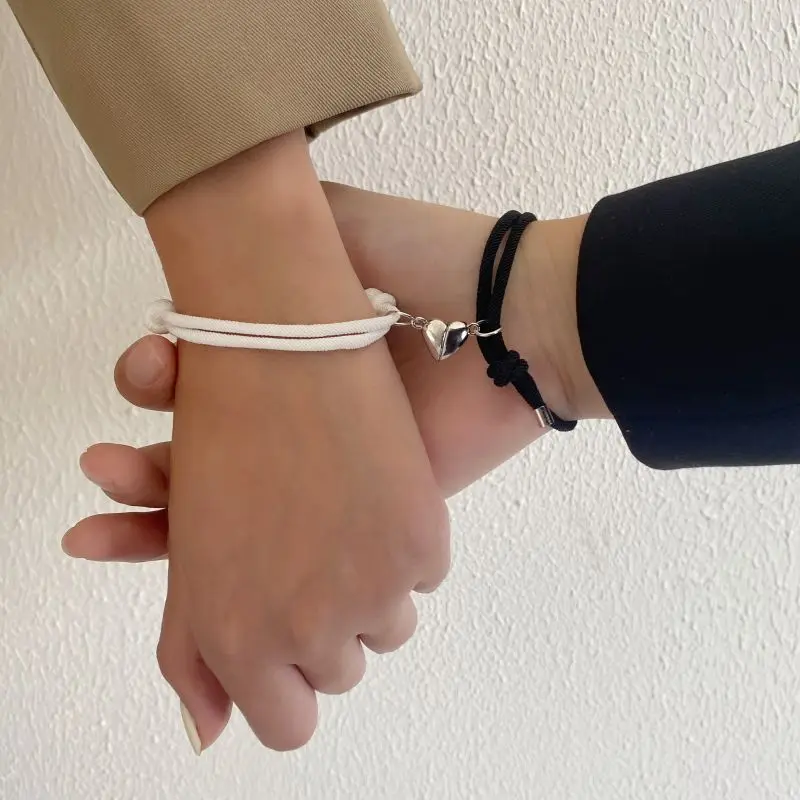 

Sweet Handmade Heart Shaped Magnetic Couple Bracelet Pair Simple Love Men's and Women's Black and White Bracelets Available item