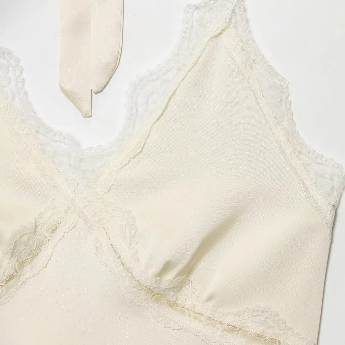 KASLEAD New Women's Faion Lace ter Ne Double-Sided Satin ort Bal Strap Vest European Sle Polyester Fiber