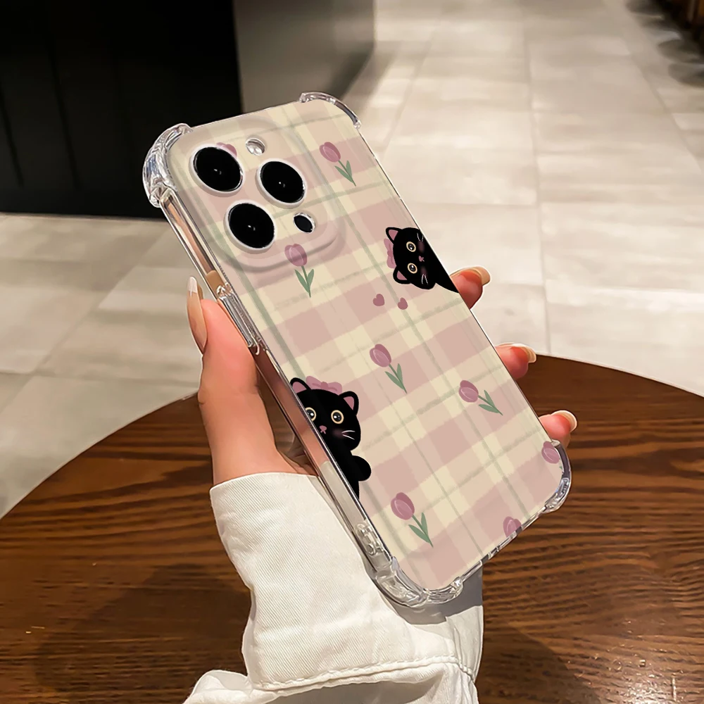 

Korean Style Cat Phone Case for iPhone 15 14 13 ProMax XR XS Max 7 8 Plus SE 12 11 Tulip Shockproof Hard Back Transparent Cover