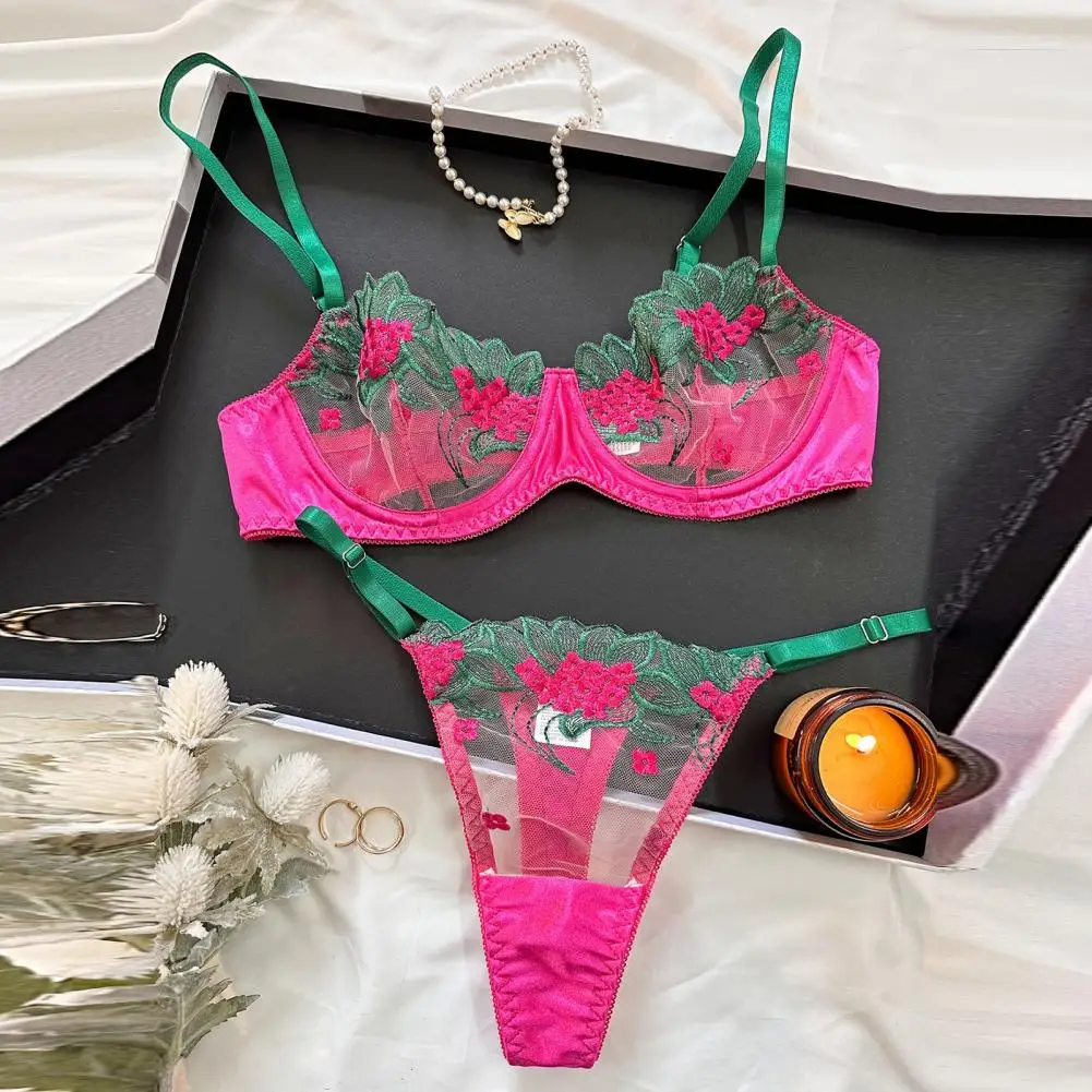 

Women Underwear Set Cut-out Unpadded Bra Panties Set Floral Embroidery Lace Underwear Set Adjustable Strap Contrast for Women