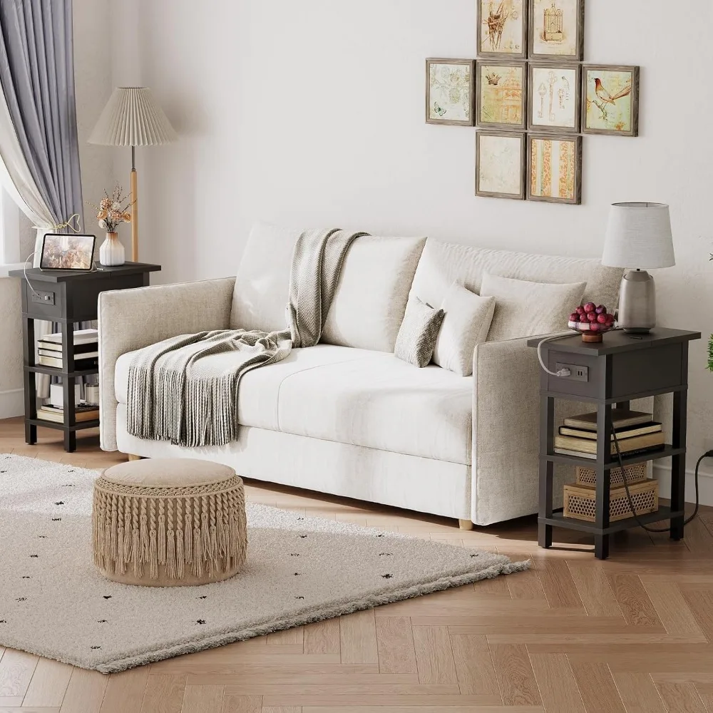 End Table with Charging Station, Flip Top Bedside Table with USB Ports, Narrow Nightstand with Storage Shelves, for Small Space 5