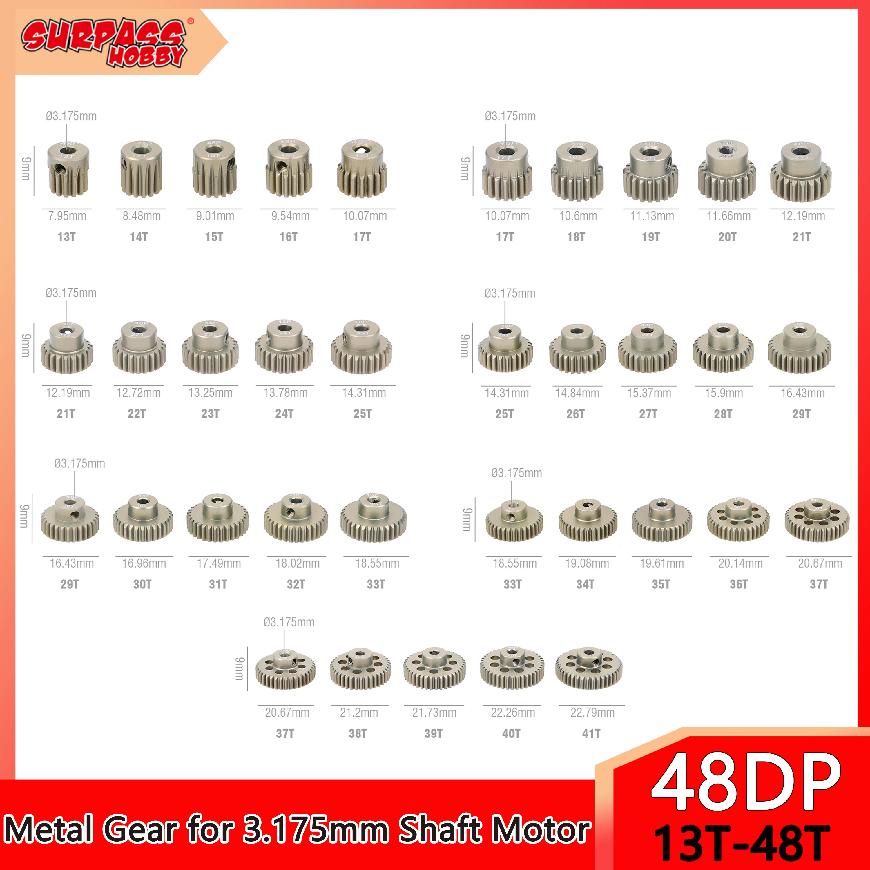 Demeras 6 Pignons Moteur 48DP – 3,175 Mm – 17T à 22T – Métal Chromé – Pour RC 1/10 – Kit 6 Pièces