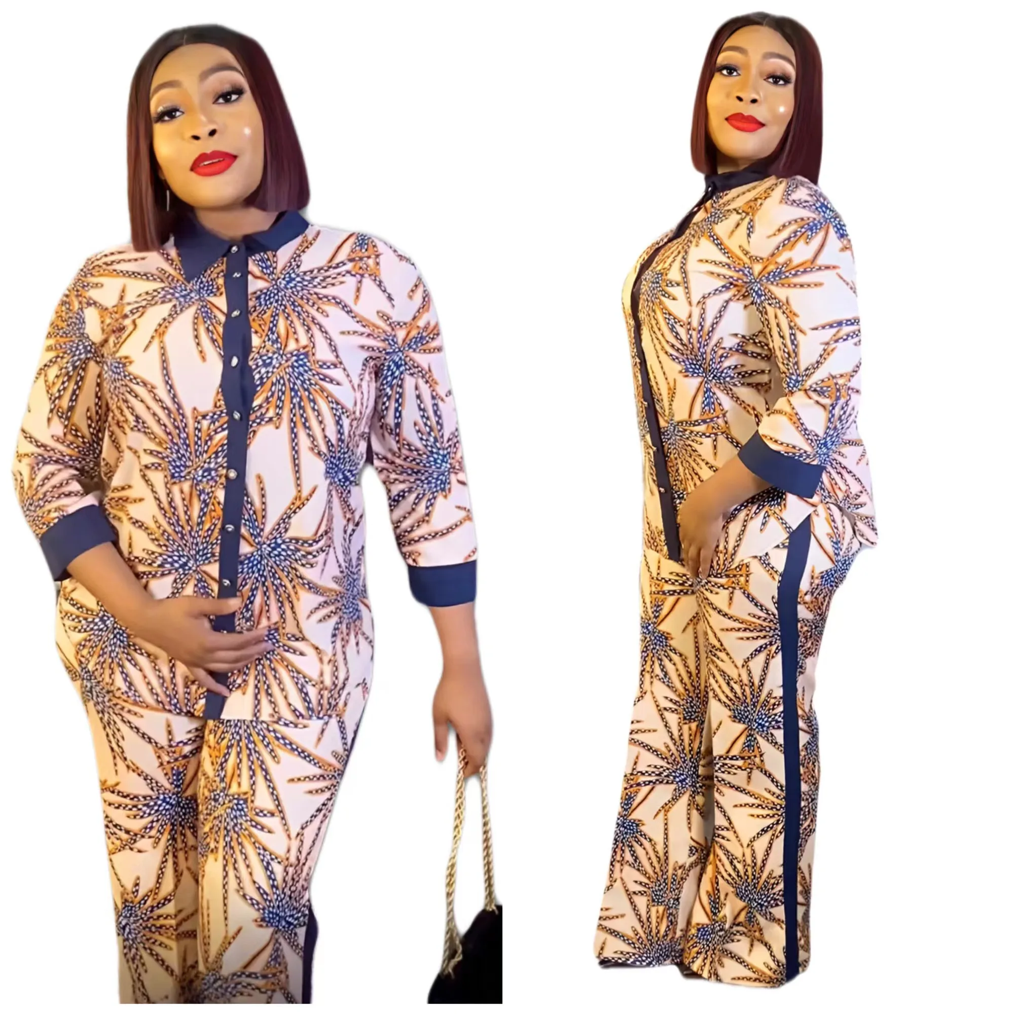 

2-piece Fashionable Chiffon Summer Printed Shirt with Pants Medium Sleeve Suit African Dresses for Women