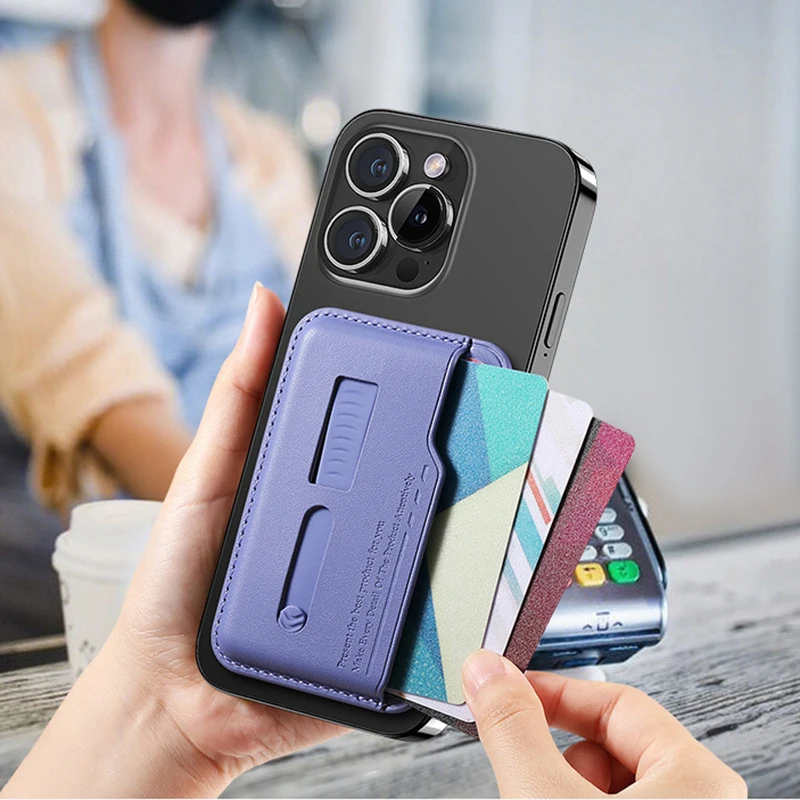Sleek Magnetic Leather Wallet Card Holder Case with Hidden Strap