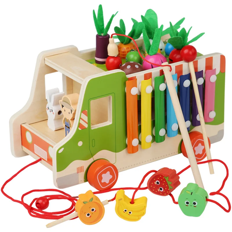 

Kids Toys Early Education Puzzle Game Bus Shape Matching Xylophone Music Hand Trailer Wooden Musical Toy Montessori