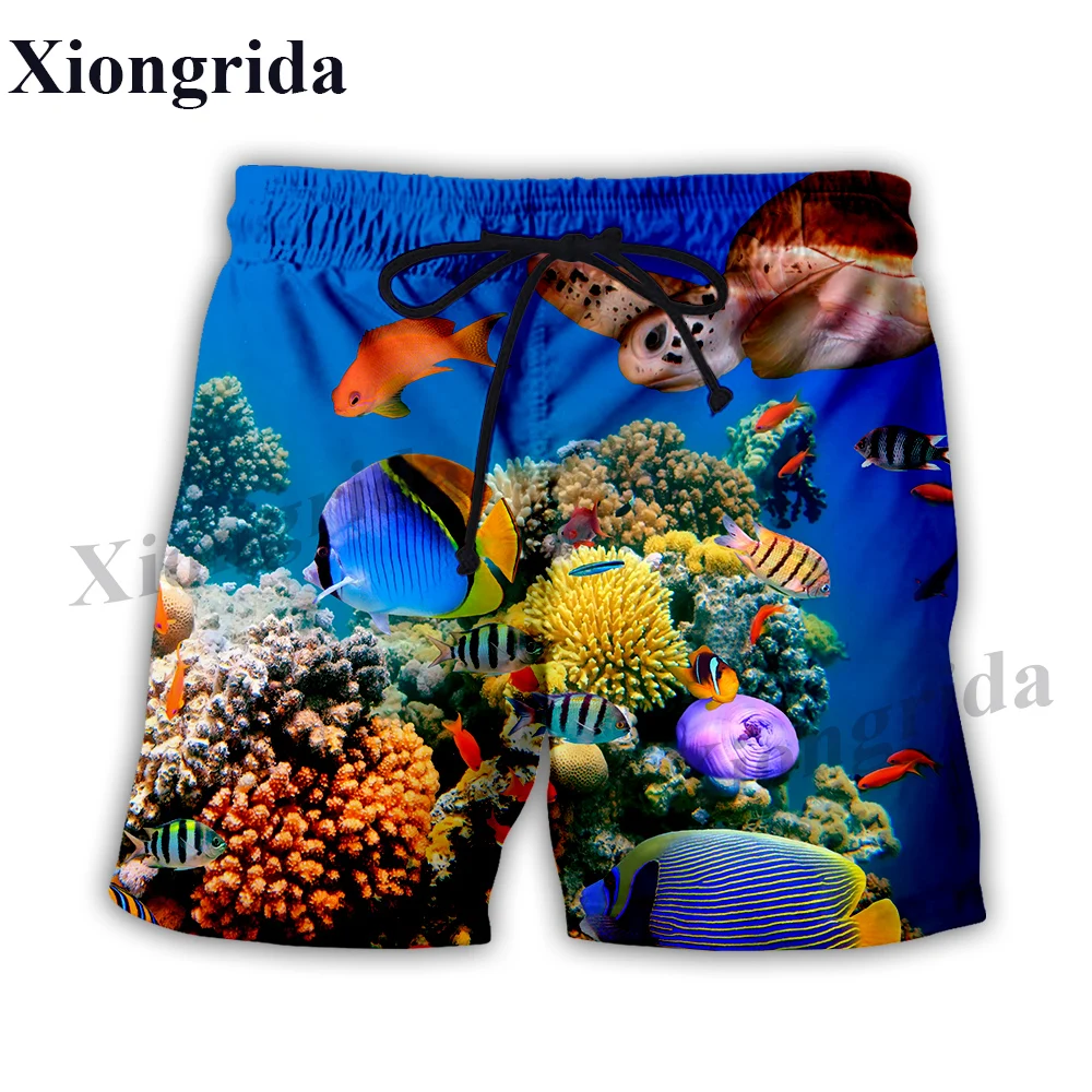 Novelty Fish Print Shorts Men Elastic Waist Beach Shorts Summer Harajuku Casual Shorts Tropical Fish All Over Print Sports Short