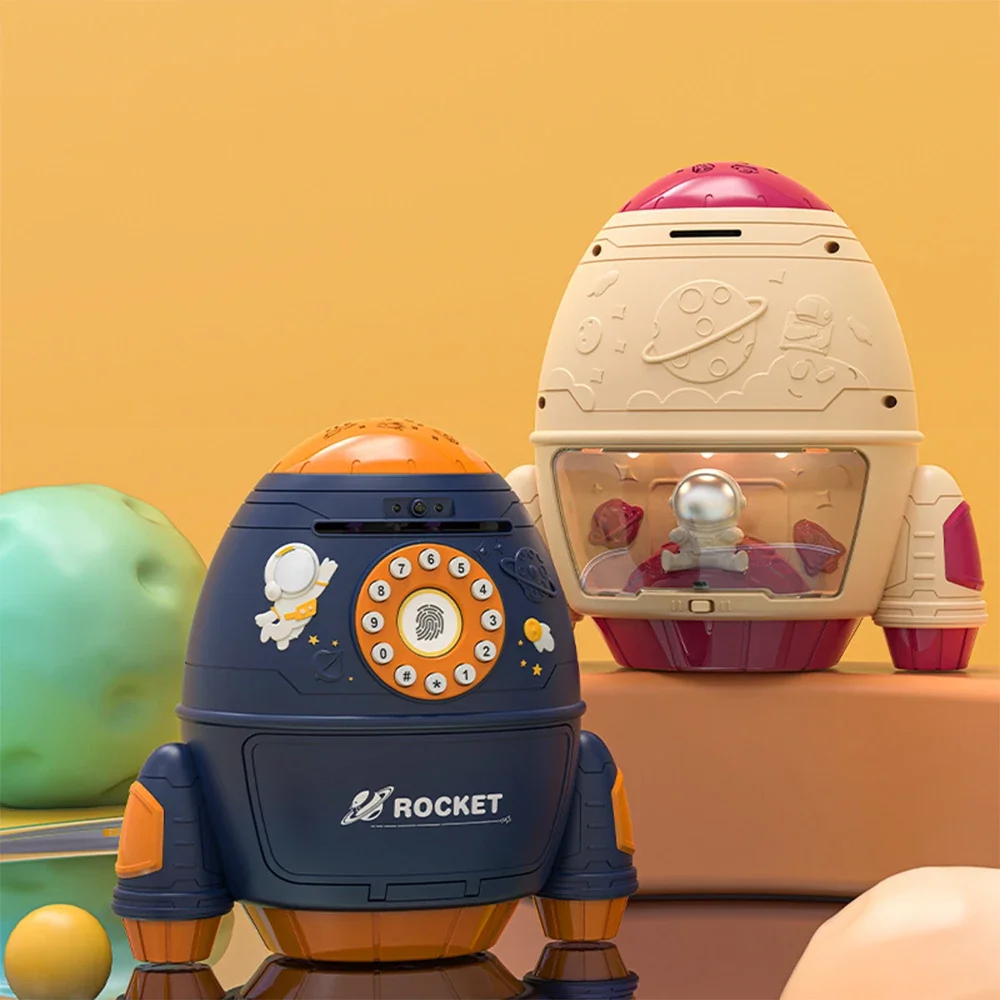 Cute Children Piggy Bank Space Rocket With Projection Music LED Cash Box Plastic Electronic Password Coin Money Box Kid Gift Toy