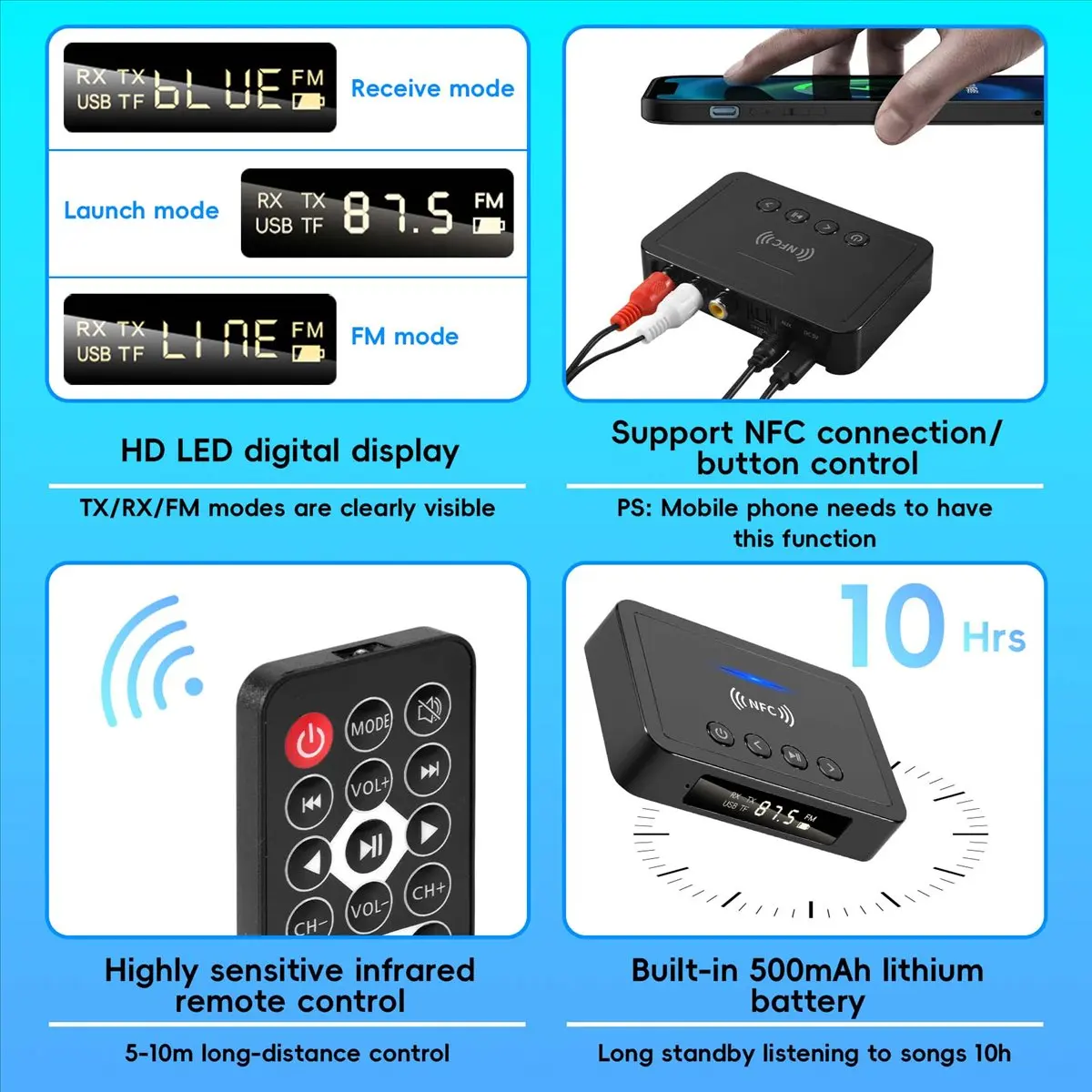 (A75T) 블루투스 5.0 수신기 송신기 FM 스테레오 AUX 3.5mm 잭 RCA 무선 NFC 블루투스 오디오 어댑터 TV PC 헤드폰용