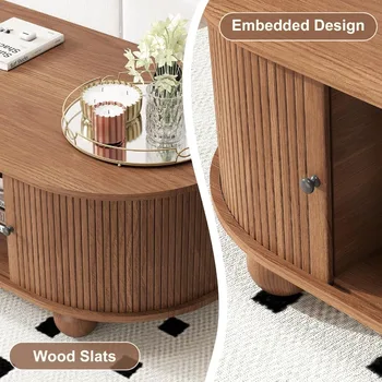 Oval Coffee Table with Storage 47.3 Mid Century Modern Coffee Tables with Sliding Tambour Doors Wood Fluted Accent Center Table 6