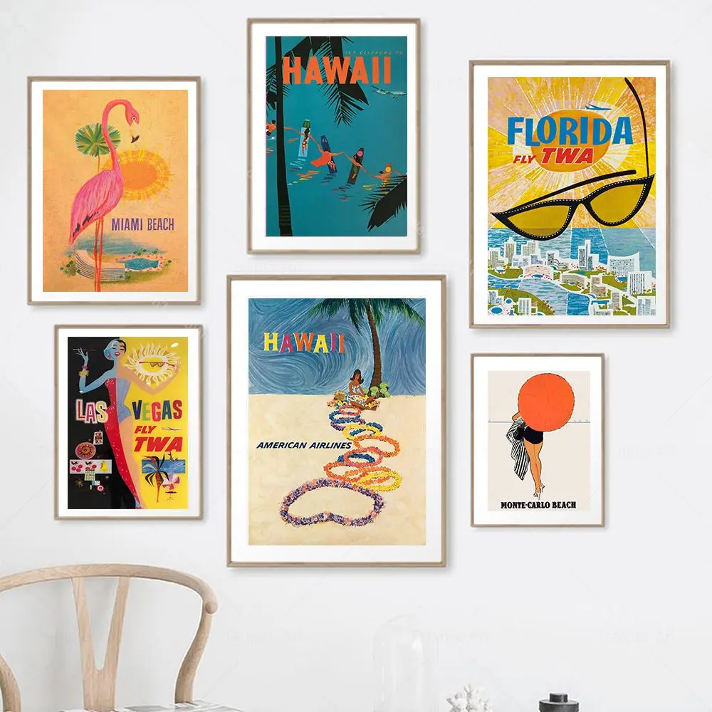 

Retro Travel City Posters Hawaii Las Vegas Landscape Vintage Wall Art Canvas Painting Prints Pictures for Living Room Home Decor