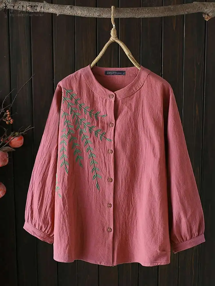 

ZANZEA Elegant O-neck Embroidery Tops Women Baggy Button Shirt Blouse 2024 Summer Casual Long Sleeve Oversized Solid Tunic Femme