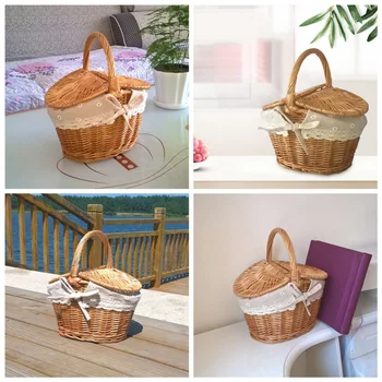 Wicker Basket with Handle Double-Lid Large Camping Picnic Handmade Willow Weaving Storage Hamper Outdoor Fruit Holder Organizer 6